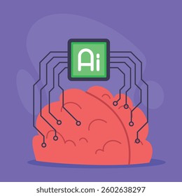 Vibrant illustration of stylized brain connected to artificial intelligence chip. Integration of technology and human cognition concept