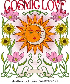 Ilustração vibrante do sol e da lua abraçando, cercado por flores florescentes e a frase ‘Cosmic Love.’ Um design místico com tema celeste perfeito para impressões, cartazes e roupas.
