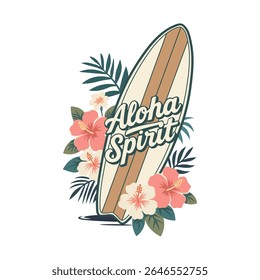 Uma ilustração vibrante de uma prancha de surfe adornada com flores de hibisco e a frase Espírito Aloha. Ideal para camisetas projeta materiais de marketing com temática de praia ou projetos relacionados ao verão.