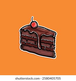 A vibrant illustration of a tasty chocolate cake slice, topped with a bright red cherry, set against an orange background. Perfect for food-themed designs, advertisements, or creative projects.