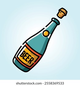 A vibrant illustration of a teal beer bottle with a popping cork, symbolizing celebration and refreshment.