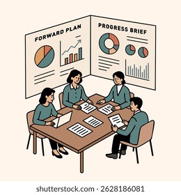 Vibrant illustration of a team meeting, designed with soft teal and warm tones, perfect for business presentations, reports, or educational materials, highlighting collaboration and planning.
