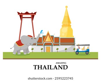 Vibrant illustration of Thailand, featuring iconic Wat Phra Kaew, Giant Swing, elephant, and tuk-tuk, with 'Amazing Thailand' text. Ideal for travel and cultural themes.