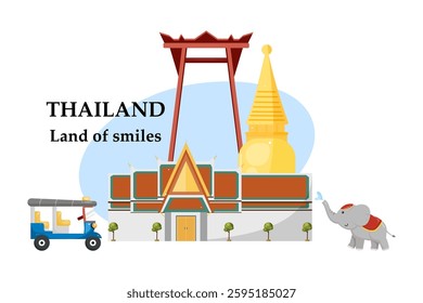 Vibrant illustration of Thailand's iconic landmarks, featuring Wat Phra Kaew, Giant Swing, elephant, and tuk-tuk, set against a clean white background. Perfect for travel and cultural themes.