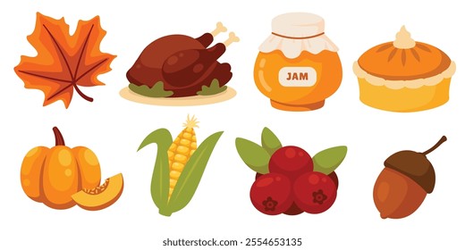 Vibrant illustration of Thanksgiving foods.  Perfect for autumnal designs.