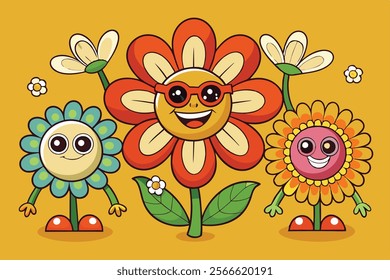 A vibrant illustration of three anthropomorphic flowers, each with a distinct personality