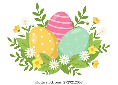 Vibrante ilustración de tres huevos de Pascua decorados en medio de hojas verdes frescas, acentuadas por delicadas margaritas blancas y alegres flores de primavera amarillas
