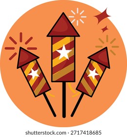 A vibrant illustration of three red and yellow striped fireworks against an orange background, symbolizing celebration and festivity.