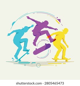 A vibrant illustration of three skateboarders in different colored silhouettes performing a kickflip trick