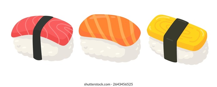 Vibrant illustration of three sushi nigiri pieces: tuna, salmon, and tamago, showcasing traditional Japanese cuisine.
