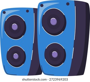 Una ilustración vibrante de dos altavoces de audio azules, cada uno con dos woofers circulares con centros púrpuras, sobre un fondo blanco limpio.