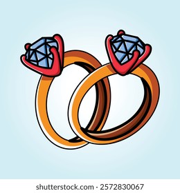 A vibrant illustration of two golden rings intertwined, each adorned with a sparkling blue diamond.  Symbolizing love and commitment.