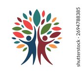 A vibrant illustration of two people forming a tree, symbolizing growth, community support, and connection. Ideal for representing unity and positive change.