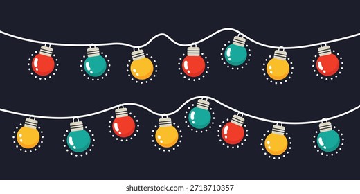 Una ilustración vibrante de dos cuerdas onduladas de luces festivas coloridas, con bombillas rojas, azules y amarillas sobre un fondo oscuro, perfecto para celebraciones navideñas, fiestas y eventos decorativos.