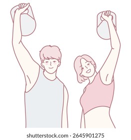 A vibrant illustration of two young adults lifting weights, promoting fitness and a healthy lifestyle.
