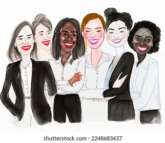 A vibrant illustration of urban female friends, cool and relaxed; multi-ethnic, symbolizing friendship and diversity. Perfect for expressing emotion or graphic uses.