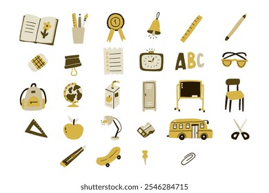 Vibrant illustration of various school-related icons including a bus, backpack, and stationery. Perfect for educational materials and themed designs. Emphasizes learning, creativity, and school life