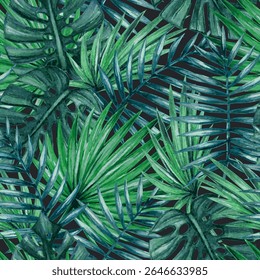 A vibrant illustration of various tropical leaves, showcasing rich green hues and intricate details, ideal for backgrounds or nature-themed designs.