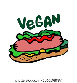 
A vibrant illustration of a vegan hot dog with lettuce, ketchup, and mustard, symbolizing plant-based eating.