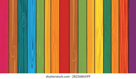 Vibrant illustration of vertical timber strips in a rainbow palette. Detailed wooden planks feature stylized wood grain and knots in shades of red, blue, green, and orange.
