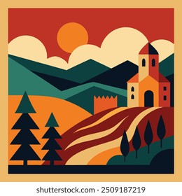 Ilustração vibrante de uma vinha com montanhas e casas ao pôr do sol.