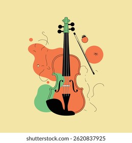 A vibrant illustration of a violin with a bow, set against a light yellow background with abstract orange and green shapes.
