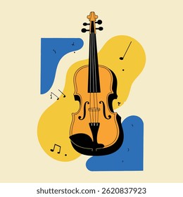 A vibrant illustration of a violin set against abstract blue and yellow shapes, accompanied by musical notes, creating a modern, artistic design.
