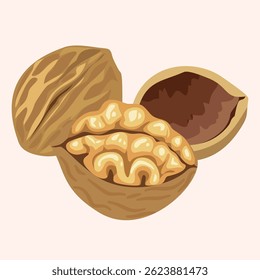 Uma ilustração vibrante de nozes, uma inteira e uma aberta rachada revelando o núcleo nutritivo.