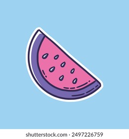 A vibrant illustration of a watermelon slice featuring pink and purple tones, set against a soothing blue backdrop.