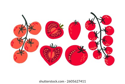 A vibrant illustration of whole and sliced tomatoes, including cherry tomatoes on a branch. Perfect for food packaging, menus, and organic product branding