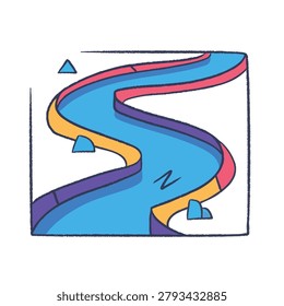 A vibrant illustration of a winding river with blue water, flanked by colorful banks in shades of yellow, pink, and purple, with small blue triangular shapes scattered along the edges.