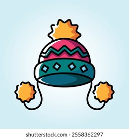 A vibrant illustration of a winter beanie featuring colorful patterns and pom-poms. Perfect for cold weather.