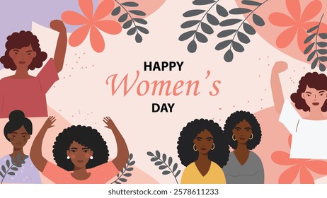 Vibrant illustration for Women's Day featuring a group of strong and empowered women raising their fists, symbolizing unity, strength, and the celebration of women’s achievements