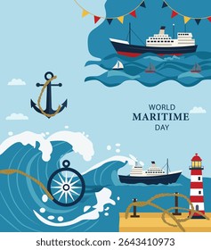 A vibrant illustration for World Maritime Day, featuring a diverse maritime scene with large ships, small sailboats, a prominent anchor, a red and white lighthouse, ocean waves, a ship's wheel, and fe