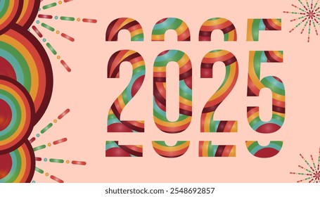 Uma ilustração vibrante do ano de 2025 com fogos de artifício coloridos e padrões de arco-íris, perfeito para temas festivos e de férias.