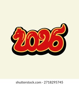 Una ilustración vibrante del año 2026, con una cabeza de caballo estilizada integrada en el primer dígito, representada en rojo llamativo con contornos amarillos y negros sobre un fondo crema claro. Este diseño dinámico celebra el Año del Caballo del Zodiaco Chino, perfecto para saludos de año nuevo, temas culturales y promociones festivas.