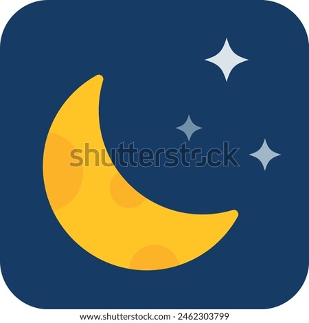 A vibrant illustration of a yellow crescent moon with three white stars on a dark blue background.