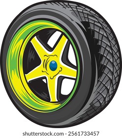 Vibrant illustration of a yellow and green car wheel, showcasing bold design and dynamic style, perfect for automotive enthusiasts and modern vehicle art