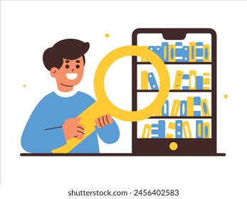 Vibrant illustration of a young boy using a magnifying glass to explore a digital library displayed on a large tablet.