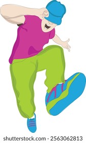 A vibrant illustration of a young person performing an energetic dance move, wearing a cap, colorful clothes, and jumping dynamically.