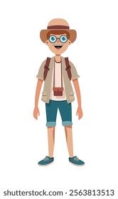 Vibrant illustration of a young traveler wearing a hat and backpack, embodying the spirit of exploration, adventure, and discovery, perfect for travel-themed designs