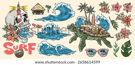 Vibrant illustrations capture the essence of surfing culture featuring waves turtles tropical flowers and a beach hut. A playful design celebrating ocean life and surf vibes.