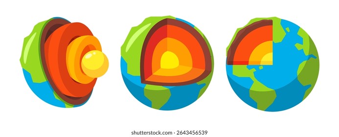 Ilustrações vibrantes retratando a estrutura interna da Terra, destacando o núcleo, o manto e a crosta na seção transversal.