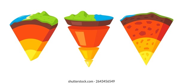 Ilustrações vibrantes retratando as camadas da Terra em seção transversal, ideal para fins educacionais e científicos.