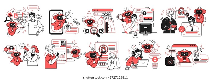 Vibrant illustrations featuring cartoon characters interacting with people in HR settings. Elements show technologys role in hiring, diverse red and black color palette, playful style.