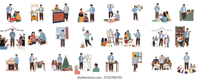 Vibrant Illustrations of People Preparing, Sharing, and Enjoying Delicious Food at Social Gatherings and Festive Celebrations