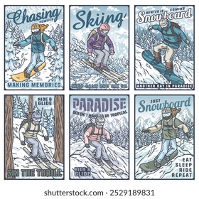 Vibrant illustrations of people snowboarding and skiing in snowy mountains. Perfect for vintage designs, these graphics capture the thrill of winter sports