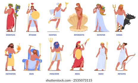 Vibrant Illustrations Of Prominent Ancient Greek Deities Embodying Rich Mythology And Symbolism Each Depicted With Unique Attributes And Iconic Symbols Representing Different Aspects Of Greek Culture