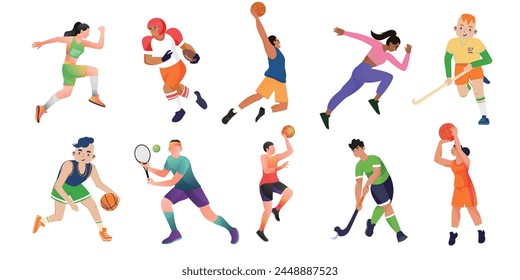 Vibrant illustrations showcase a variety of sports, capturing athletes in action across different disciplines.
