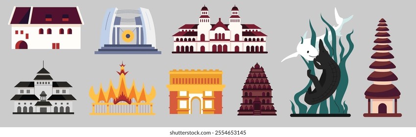 Vibrant illustrations showcasing Indonesian architecture. A diverse range of buildings and monuments reflect the country's rich culture and heritage.